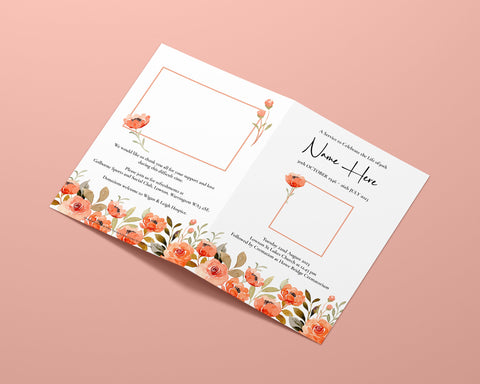 Funeral Order of Service in Orange Watercolour Flowers