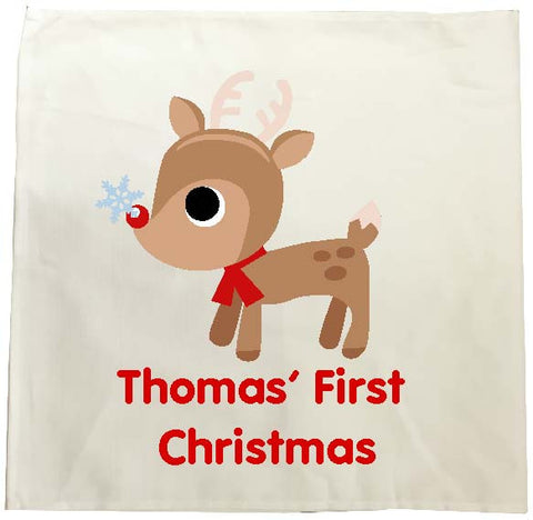 BB01 - Cute Reindeer First Christmas Personalised Tea Towel