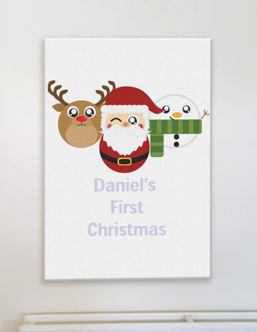 BB02 - Cute Round Personalised Reindeer, Santa and Snowman Christmas Canvas Print