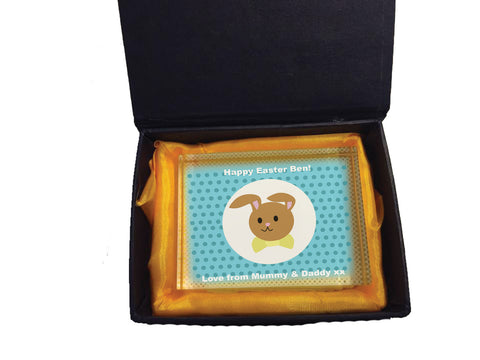 EA06 - Personalised Blue Spotty Easter Bunny Crystal Block with Presentation Gift Box