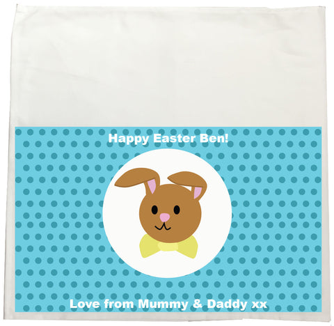 EA06 - Personalised Blue Spotty Easter Bunny Canvas Tea Towel