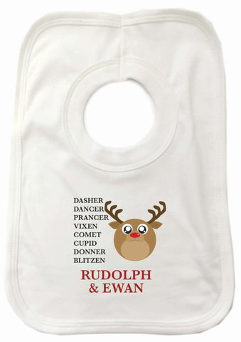 CC03 - Personalised Christmas Cute Reindeer & Child's Name and list of Reindeers Baby Bib