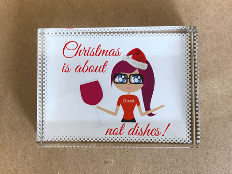 CT09 - Christmas is about (name) not Dishes Personalised Crystal Block with Presentation Gift Box