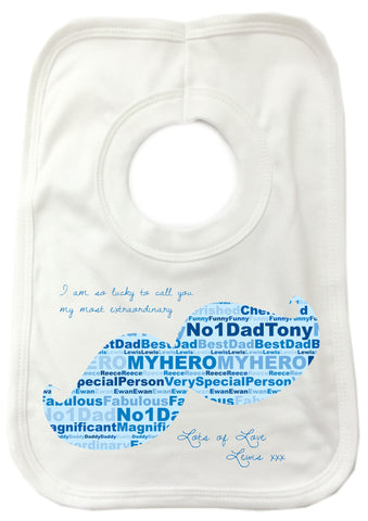 FD07 - Dad, Father, Grandad Moustache Shaped Word Art Personalised Baby Bib