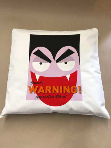 Dracula Themed Halloween Warning May Contain Treats Personalised Cushion