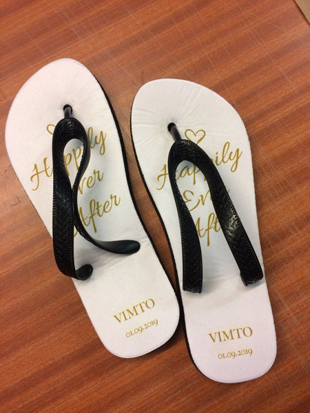 Personalised Wedding Happily Ever After Gold Flip Flops – Willow Printing &  Design