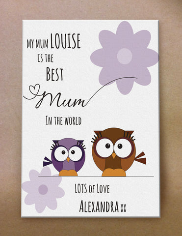Personalised Best Mum in The World Mother & Child Owl and Flower Canvas Print