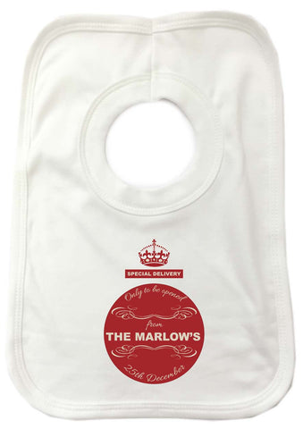 SS04 - Special Delivery Crest Family Name Personalised Christmas Baby Bib