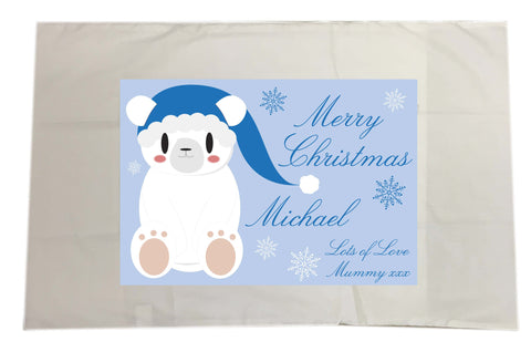 SS07 - Cute Blue Polar Bear Personalised Christmas White Pillow Case Cover