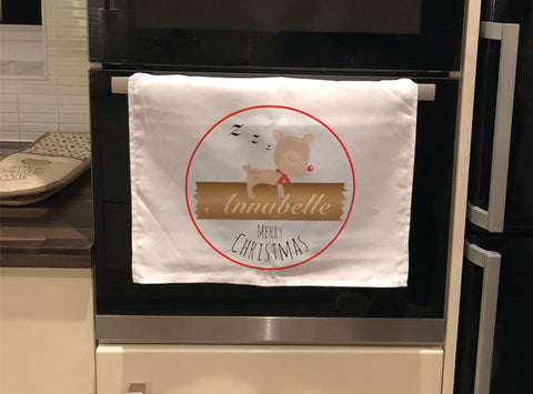 CM10 - Personalised Sleeping Reindeer Christmas Tea Towel