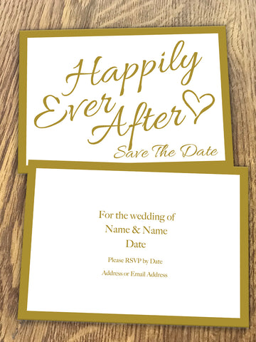 Personalised Happily Ever After Gold Wedding Save The Date available from Willow Printing & Design.