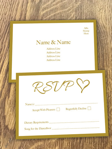 Personalised Happily Ever After Gold Wedding RSVP available from Willow Printing & Design.