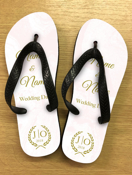 WD02 - Personalised Wedding Gold Initialed Leaf Crest Flip Flops – Willow  Printing & Design