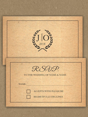 PERSONALISED WEDDING NATURAL RUSTIC LEAF CREST RSVP available from Willow Printing & Design.