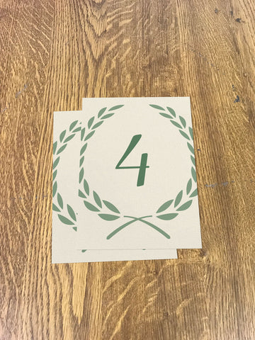 WD08 - Personalised Wedding Cream And Forest Green Leaf Crest Table Numbers