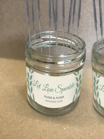 WD08 - Personalised Wedding Cream And Forest Green Leaf Crest Sparkler Jar Label