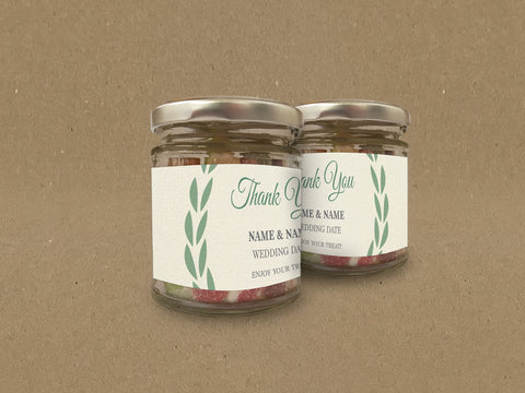 WD08 - Personalised Wedding Cream And Forest Green Leaf Crest Themed Sweet Jar