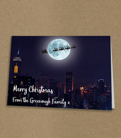 Christmas Cards for Business & Home, Night City Scene with Sleigh & Personal Message