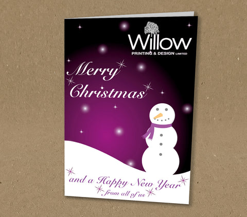 Christmas Cards for Business, Purple Snowman Personalised with Company Logo