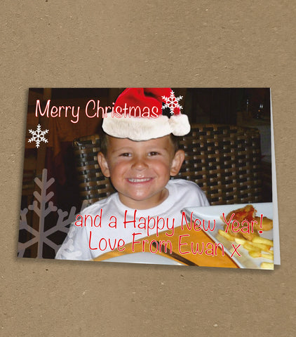Christmas Cards for Family, with Santa hat and snowflakes added to your supplied photo