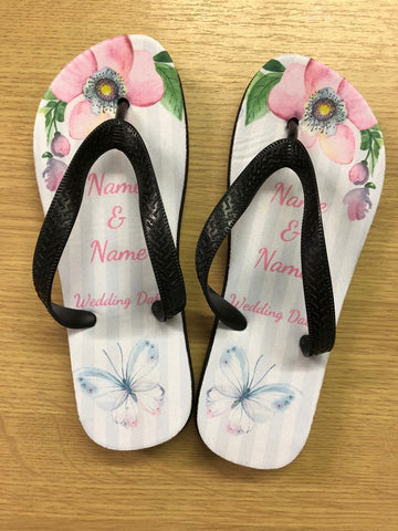 SM02 - Personalised Wedding Pink & Purple Flower Design Dancing Feet Flip Flops