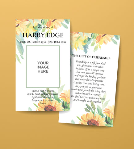 Funeral Order of Service Remembrance Cards in Yellow Sunflower Design