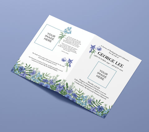 Funeral Order of Service in Blue and Purple Flower Design