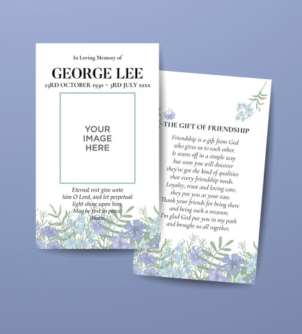 Funeral Order of Service Remembrance Cards in Blue and Purple Flowers Design