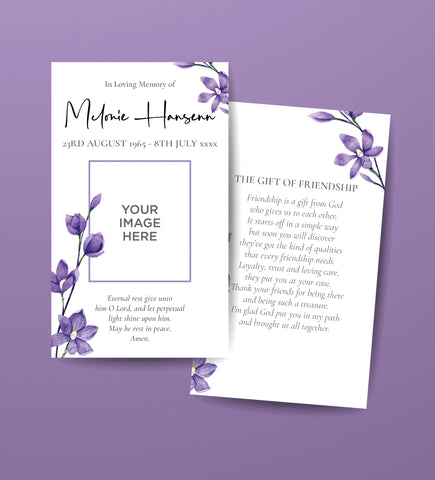 Funeral Order of Service Remembrance Cards in Purple Flowers Design