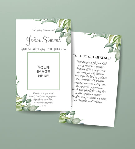 Funeral Order of Service Remembrance Cards in Green Leaves Design