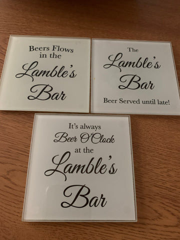 Personalised Garden Bar or Pub Glass Chopping Board, Placemats and Coasters