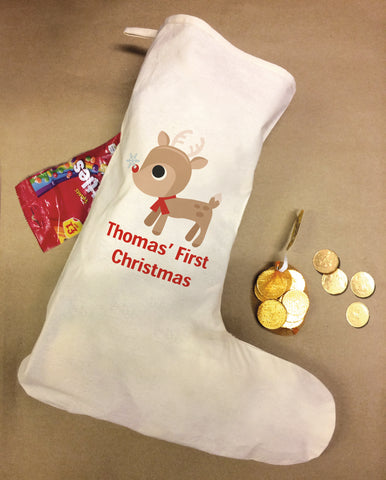 Personalised Cute Reindeer First Christmas Santa Stocking for girls and boys