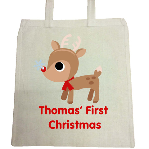 BB01 - Cute Reindeer First Christmas Personalised Canvas Bag for Life