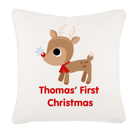 Cute Reindeer First Christmas Personalised Canvas Cushion Cover