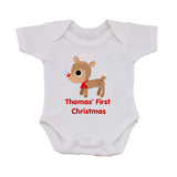 BB01 - Cute Reindeer First Christmas Personalised Baby Vest