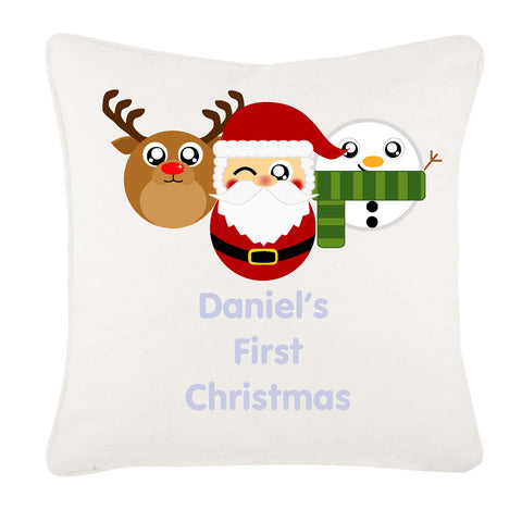 Cute Round Personalised Reindeer, Santa and Snowman Christmas Cushion Cover