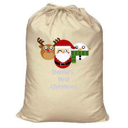 BB02 - Cute Round Personalised Reindeer, Santa and Snowman Christmas Canvas Santa Sack