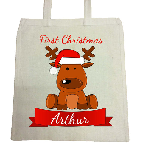 BB04 - Santa's Reindeer First Christmas Personalised Canvas Bag for Life