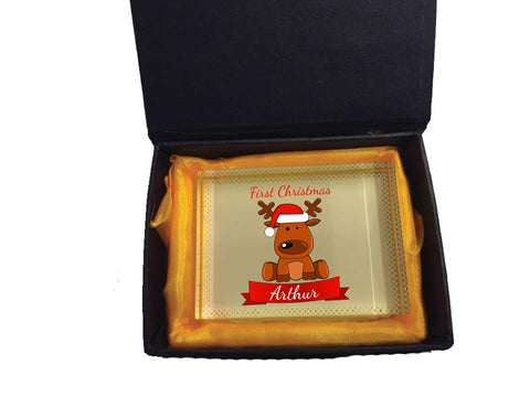 BB04 - Santa's Reindeer First Christmas Personalised Crystal Block with Presentation Gift Box