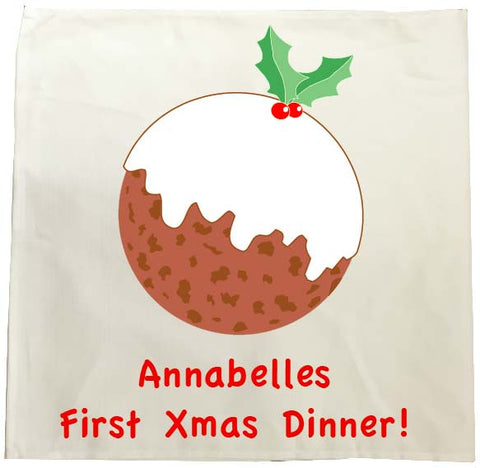 BB05 - Baby's First Christmas Pudding Personalised Tea Towel