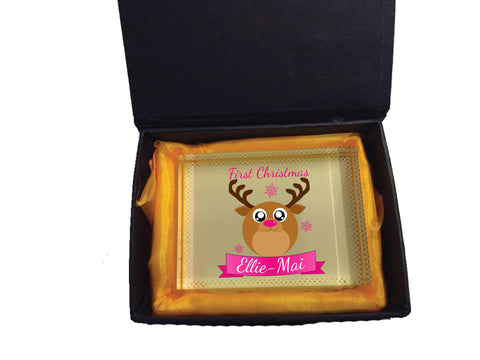 BB06 - Starry Eyed Cute Santa's Reindeer Personalised Christmas Crystal Block & Gift Box