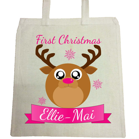 BB06 - Starry Eyed Cute Santa's Reindeer Personalised Christmas Canvas Bag for Life