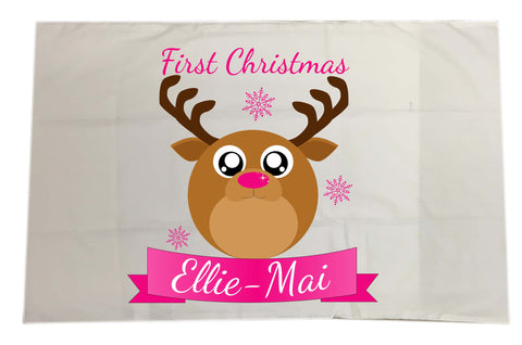 BB06 - Starry Eyed Cute Santa's Reindeer Personalised Christmas White Pillow Case Cover