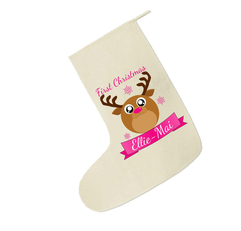 Personalised Starry Eyed Cute Santa's Reindeer Christmas Santa Stocking for Girls