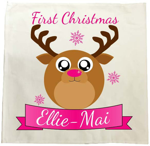 BB06 - Starry Eyed Cute Santa's Reindeer Personalised Christmas Tea Towel