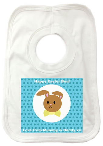 EA06 - Personalised Blue Spotty Easter Bunny Baby Bib