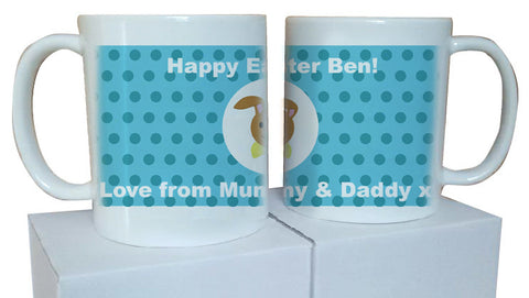 EA06 - Personalised Blue Spotty Easter Bunny Mug with Chocolate Easter Egg