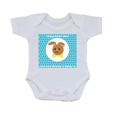 EA06 - Personalised Blue Spotty Easter Bunny Baby Vest