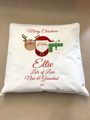Cute Reindeer, Santa and Snowman Christmas Personalised Canvas Cushion Cover