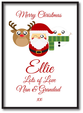 CA04 - Cute Reindeer, Santa and Snowman Christmas Personalised Print